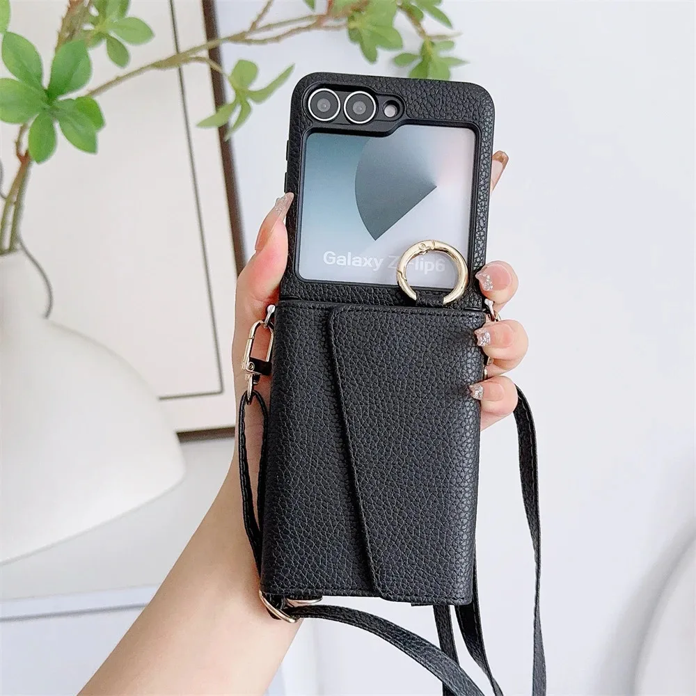 Fashion Crossbody Long Strap Lanyard Leather Wallet With Card Holder Case For Samsung Galaxy Z Flip 6 5 4 3 5G Shockproof Cover