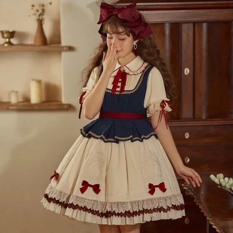 Fairy Tale Lolita OP Dress Woman Spring Summer Short Sleevedress Cute Boe Tie Lace Princess Dress Sweet Girl Lolita Dress