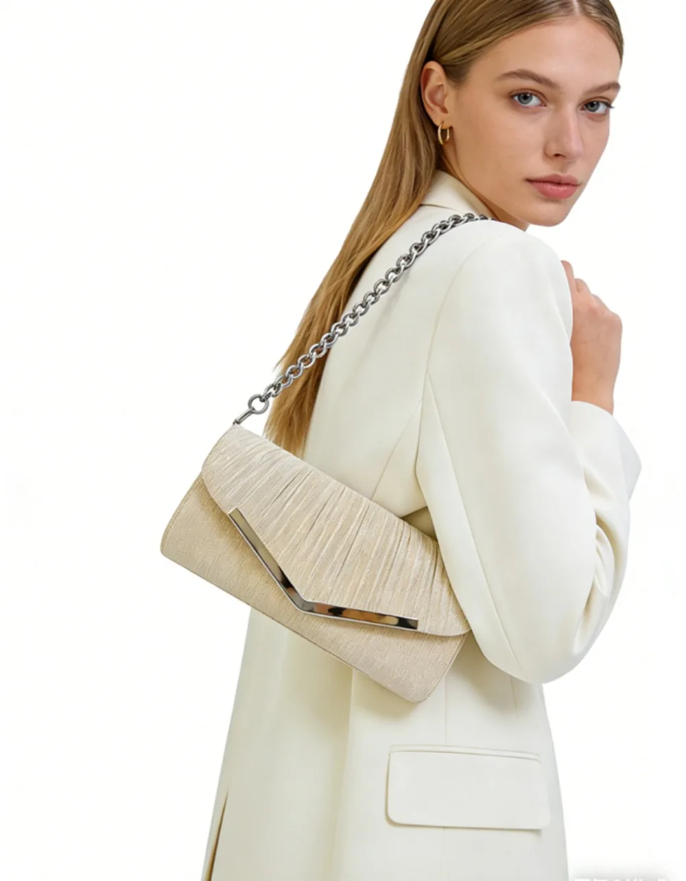 

Golden Classic Simple Women Charm Clutch Bags Glitter Shiny Evening Bag Banquet Party Wedding Handbag Metal Chain Crossbody