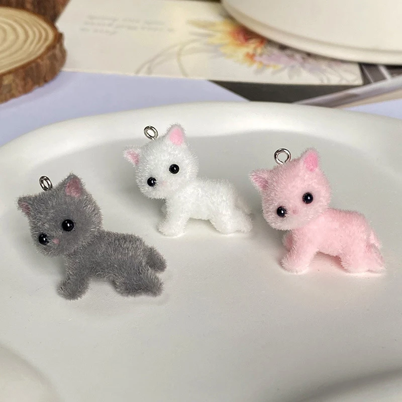 Cute 3D Hairy Flocking Animal Cat Charms Miniature Dolls Keychain Necklace Pendant DIY Crafts Jewelry Making