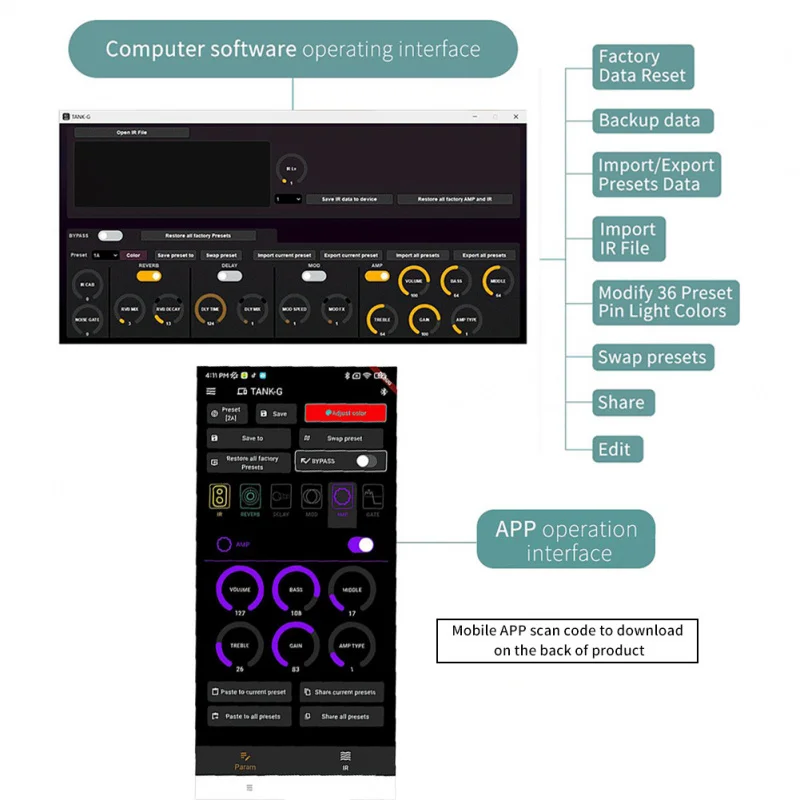معالج M-VAVE Yuimer V2 TANK-G متعدد التأثيرات مع دواسة تأثير الجيتار الكهربائي APP
