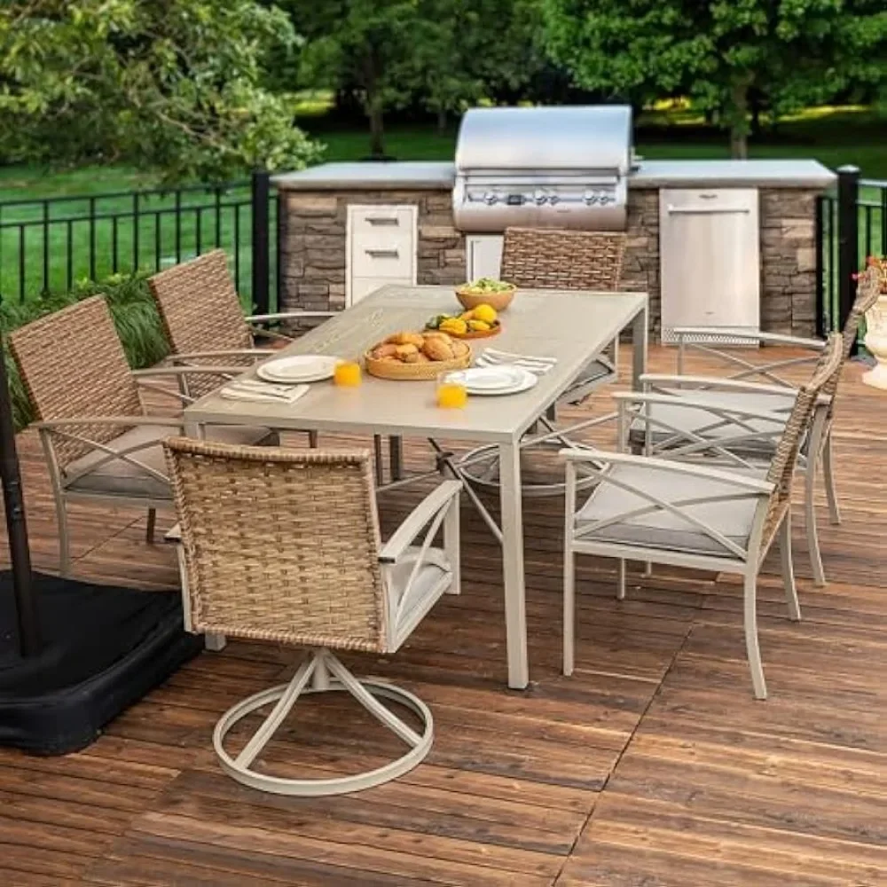 

zz 7-Piece Patio Dining Set, Outdoor Wicker Conversation Furniture with 2 Rocking Chairs, Soft Gray Cushions