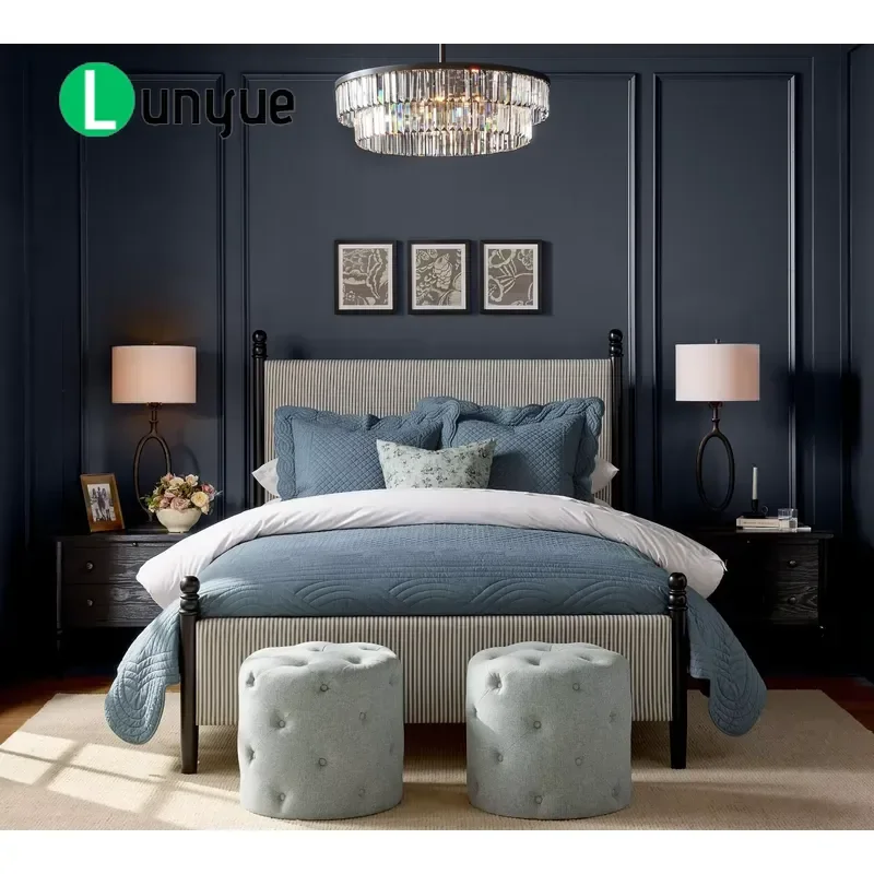 Modern American Oak Bed Frame Linen Upholstered King Size Luxury Solid Wood Master Bedroom Furniture Customizable Dimensions
