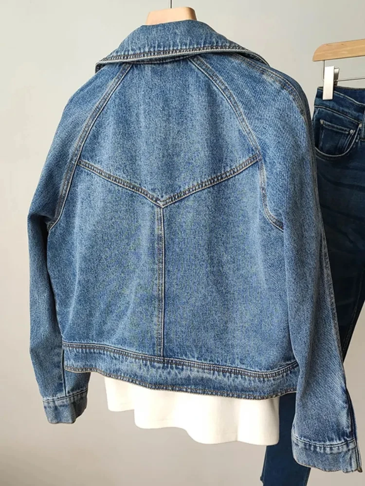 Primavera autunno donna Casual Moto Biker giacca di Jeans Lady Vintage allentato risvolto cerniera tinta unita cappotto corto da Cowboy giacche di Jeans