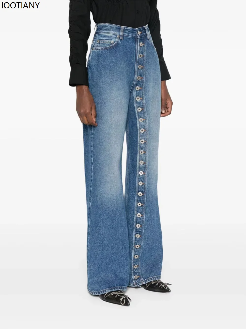 

Fashion Retro Women's Multi Button Straight Leg Denim Pants 2025 Spring New High Waisted Wide Leg Pants High Street Female Jeans