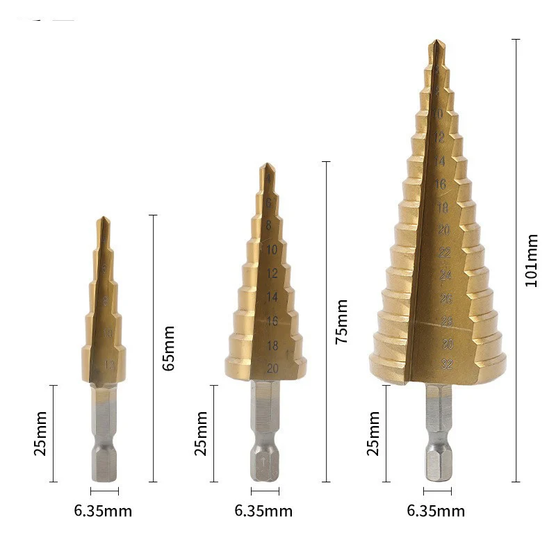 ก้านหกเหลี่ยมตรงสล็อตไทเทเนียมชุบบันไดเจาะ 3-12/4-12/4-20 มม.ขนาดเล็ก 3PC ชุดเจดีย์เจาะบิตเจาะเครื่องมือ