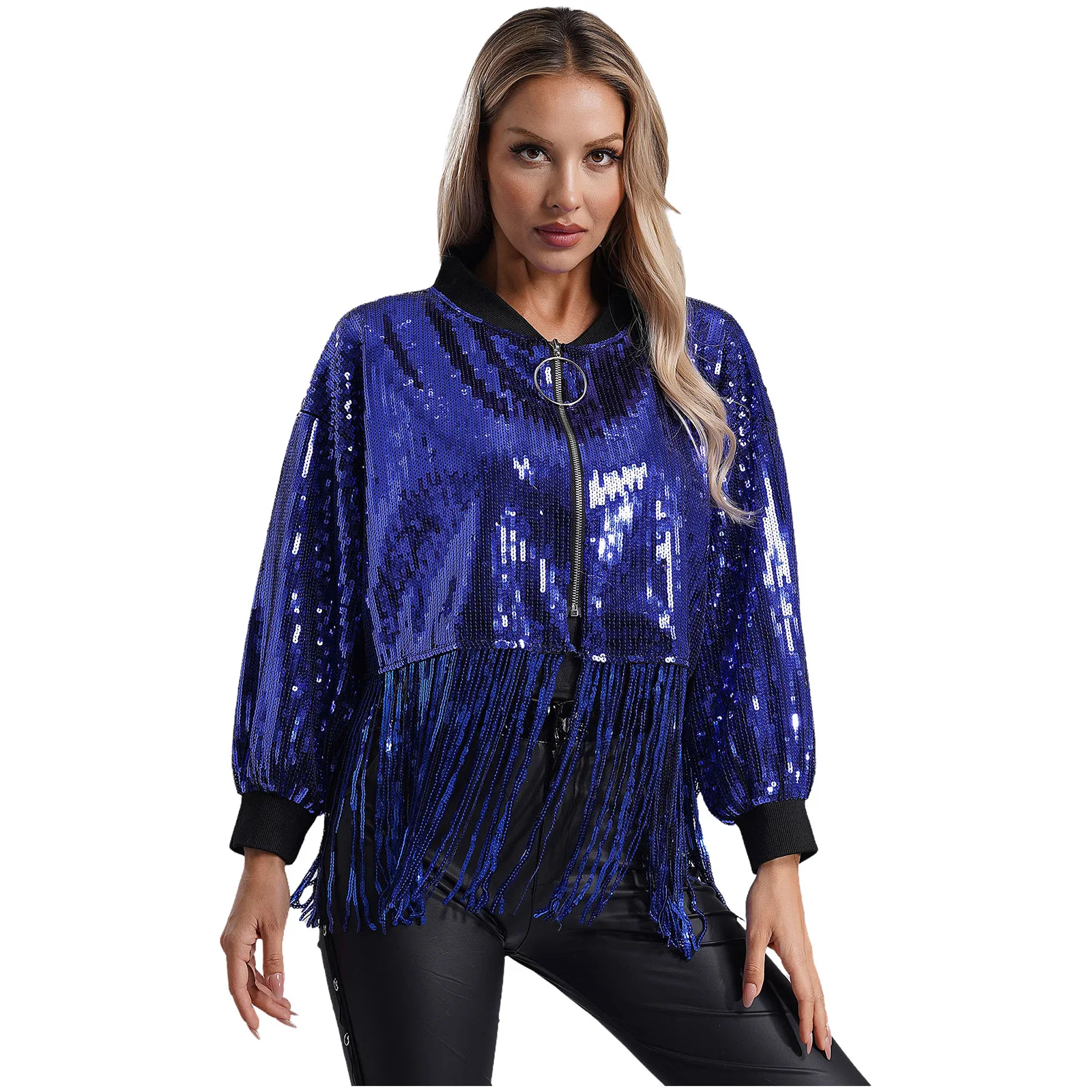 

Womens Sequins Fringe Crop Outerwear Long Sleeve O-Ring Front Zip Jacket Coat Disco Party Jazz Dance Music Festival Clubwear