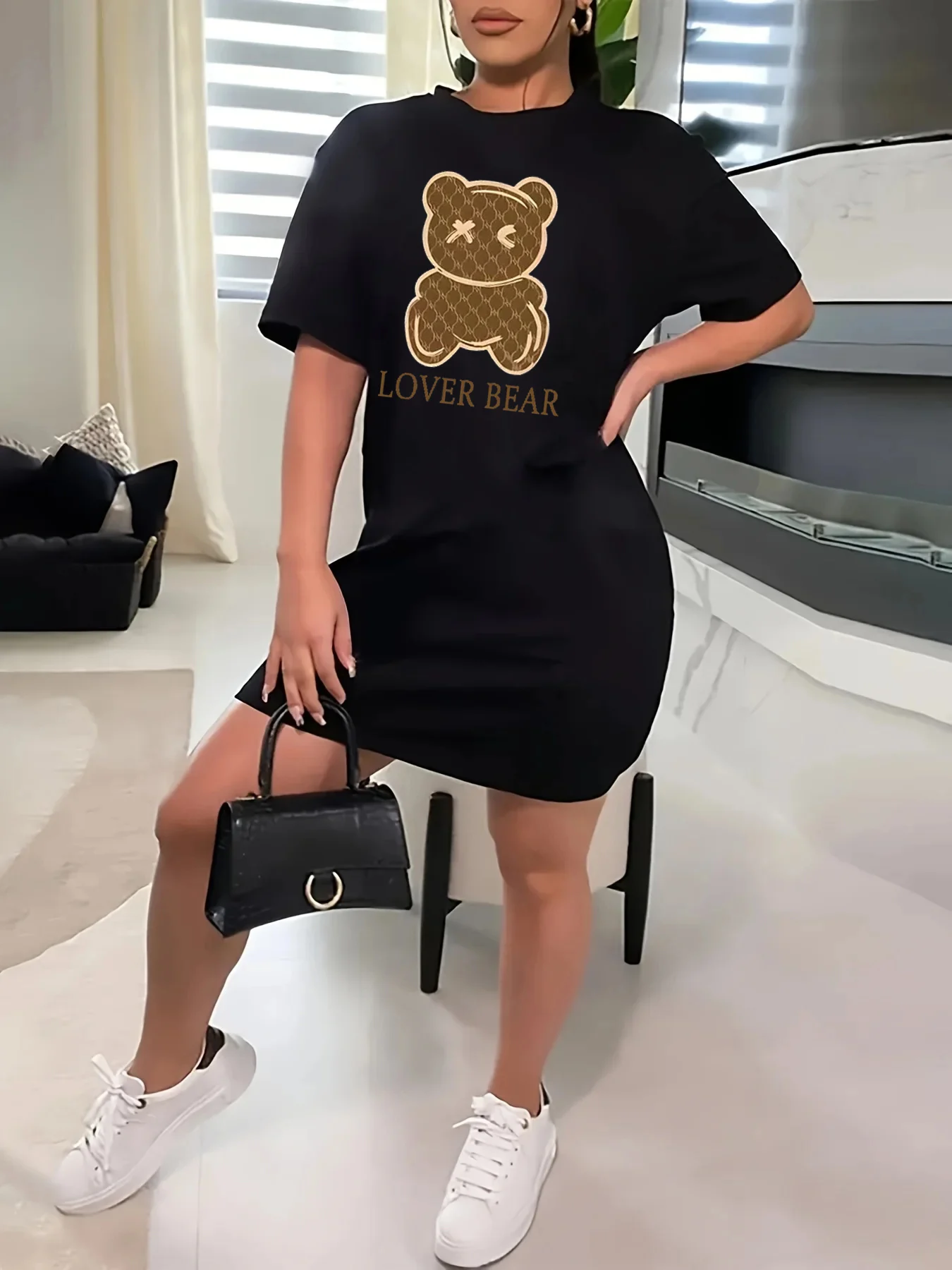 Summer Women\'s LOVER BEAR cartoon Print Casual Slim Fit Short Sleeve Round Neck T-shirt Mini Dress