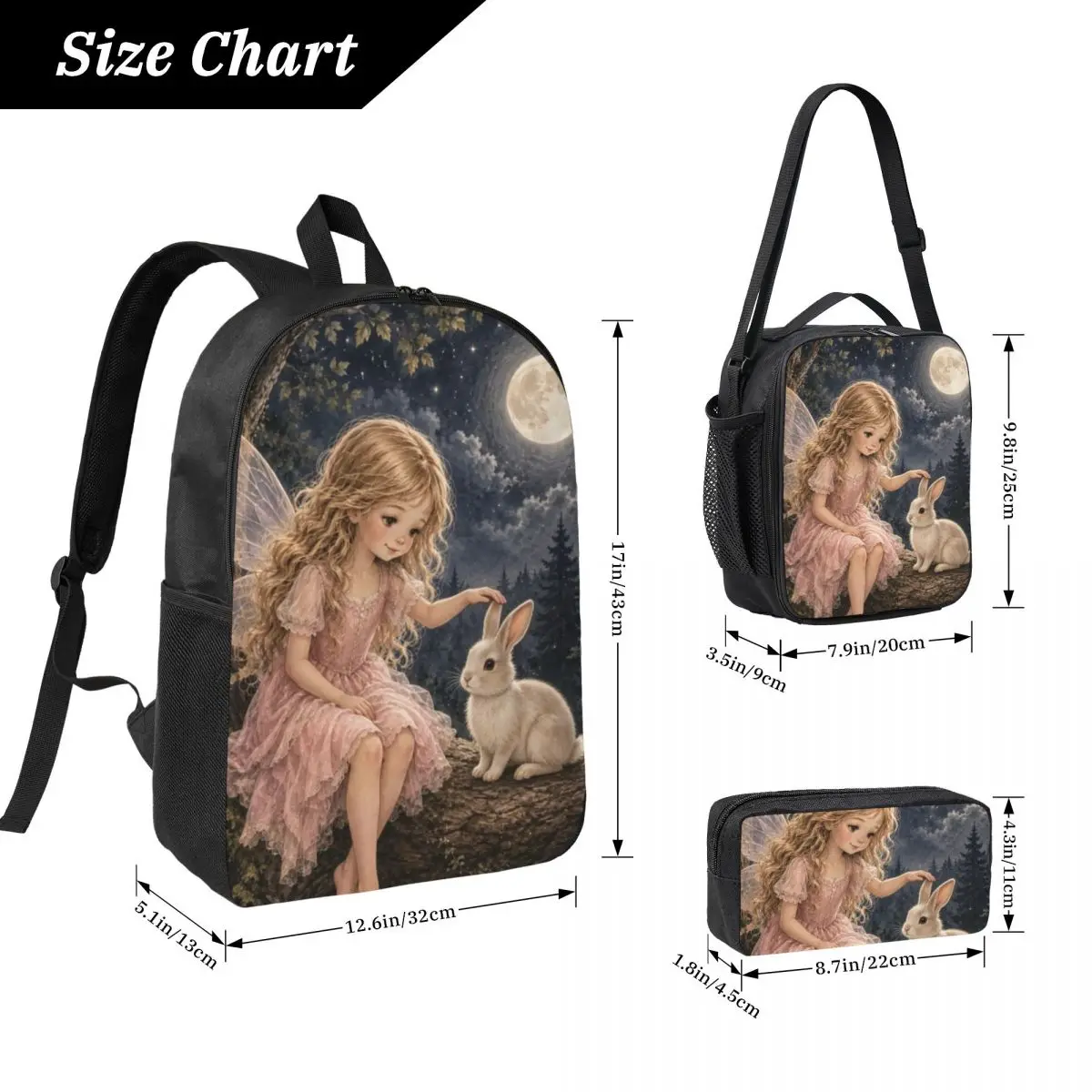 Fairy And Rabbit From A Dreamlike Forest Backpack BookBag School Bag Laptop Shoulder Bags 3ps Insulated Lunch Bag Pencil Case