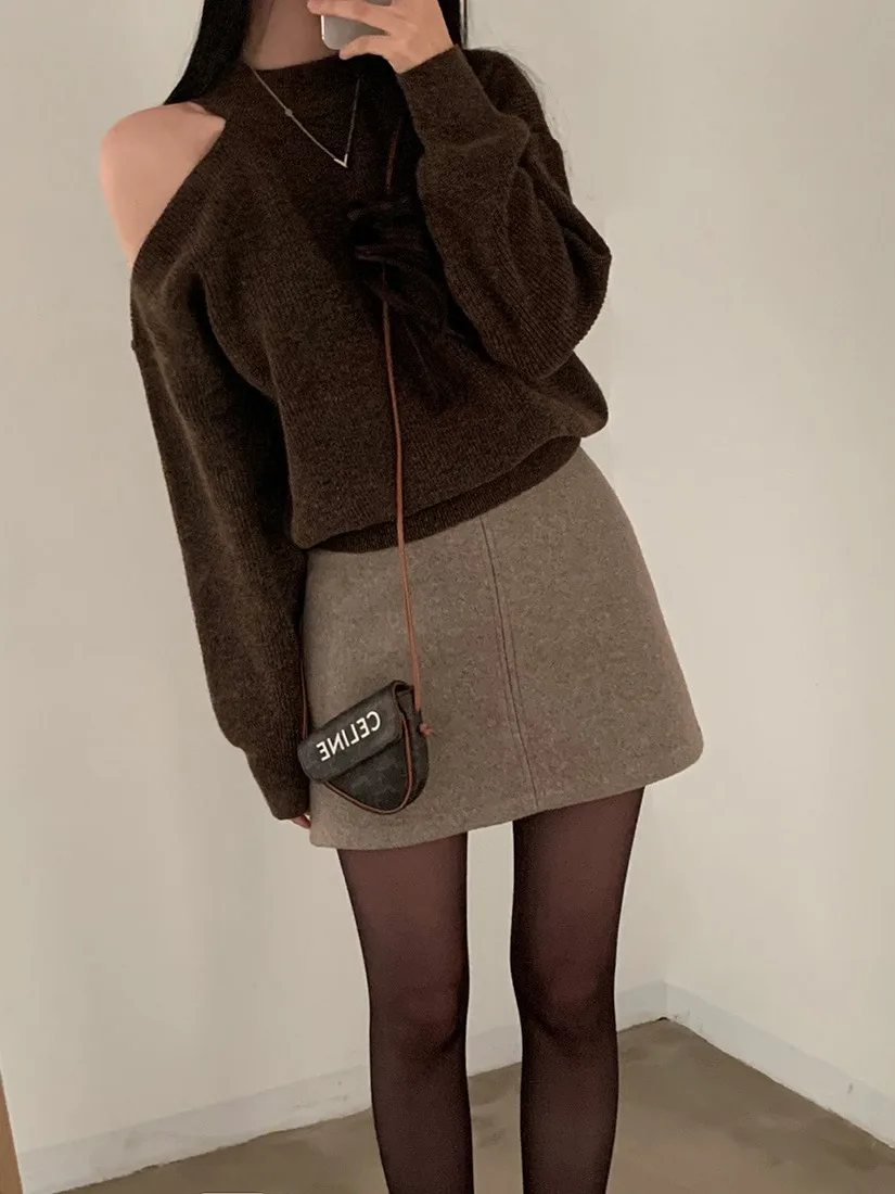 Chic Autunno Inverno Sexy Scava fuori oulder Morbido Allentato Lungo Sve Maglione lavorato a maglia da donna Comodo Casual Ne Appeso De...