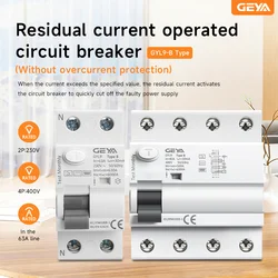 GEYA GYL9 TYPE B RCD RCCB Din Rail Earth Leakage Current breaker DC 2Pole 40A 63A 30mA 100mA 300mA 6KA Diret Current (6mA)