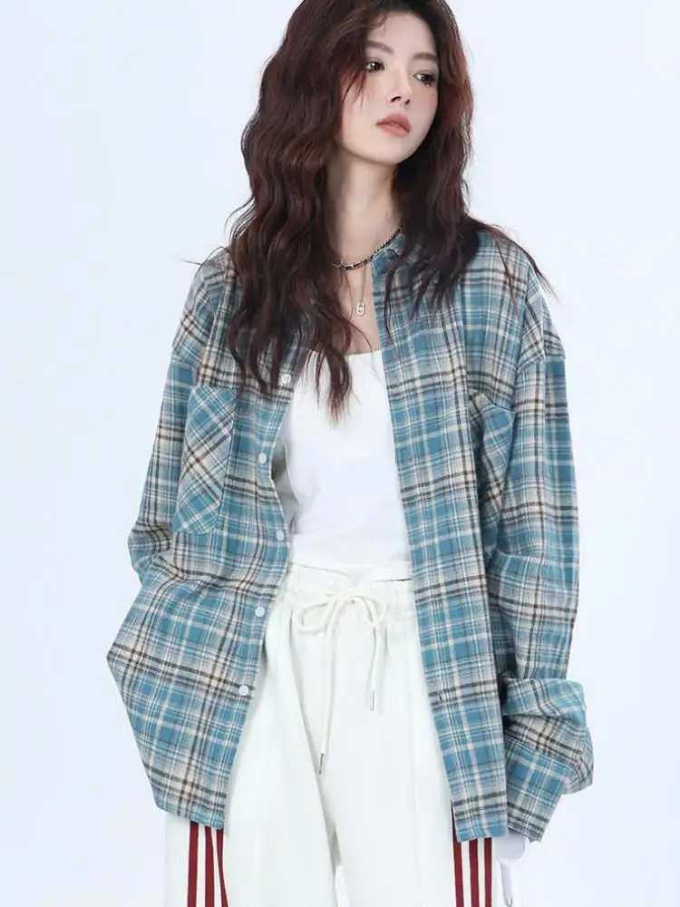 Tawaaiw Blue Plaid Shirt Women Clothes Long Sleeve Tassels American Retro Streetwear Single Breasted Loose Spring 2024 Blouse