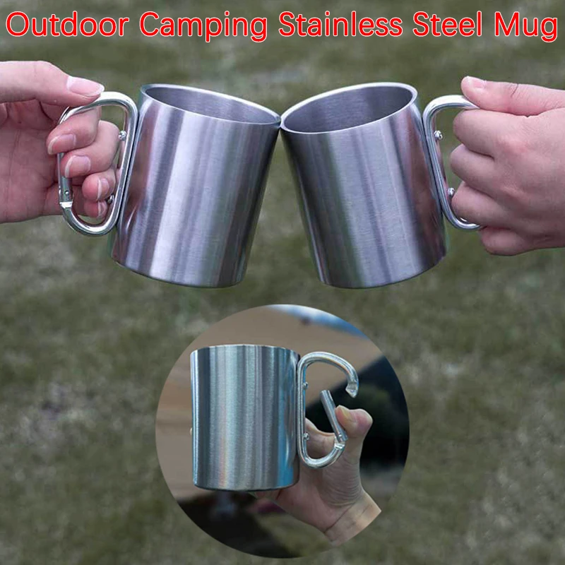 

220/300ml Camping Travel Stainless Steel Cup Carabiner Hook Handle Picnic Water Mug Outdoor Travel Hike Cup