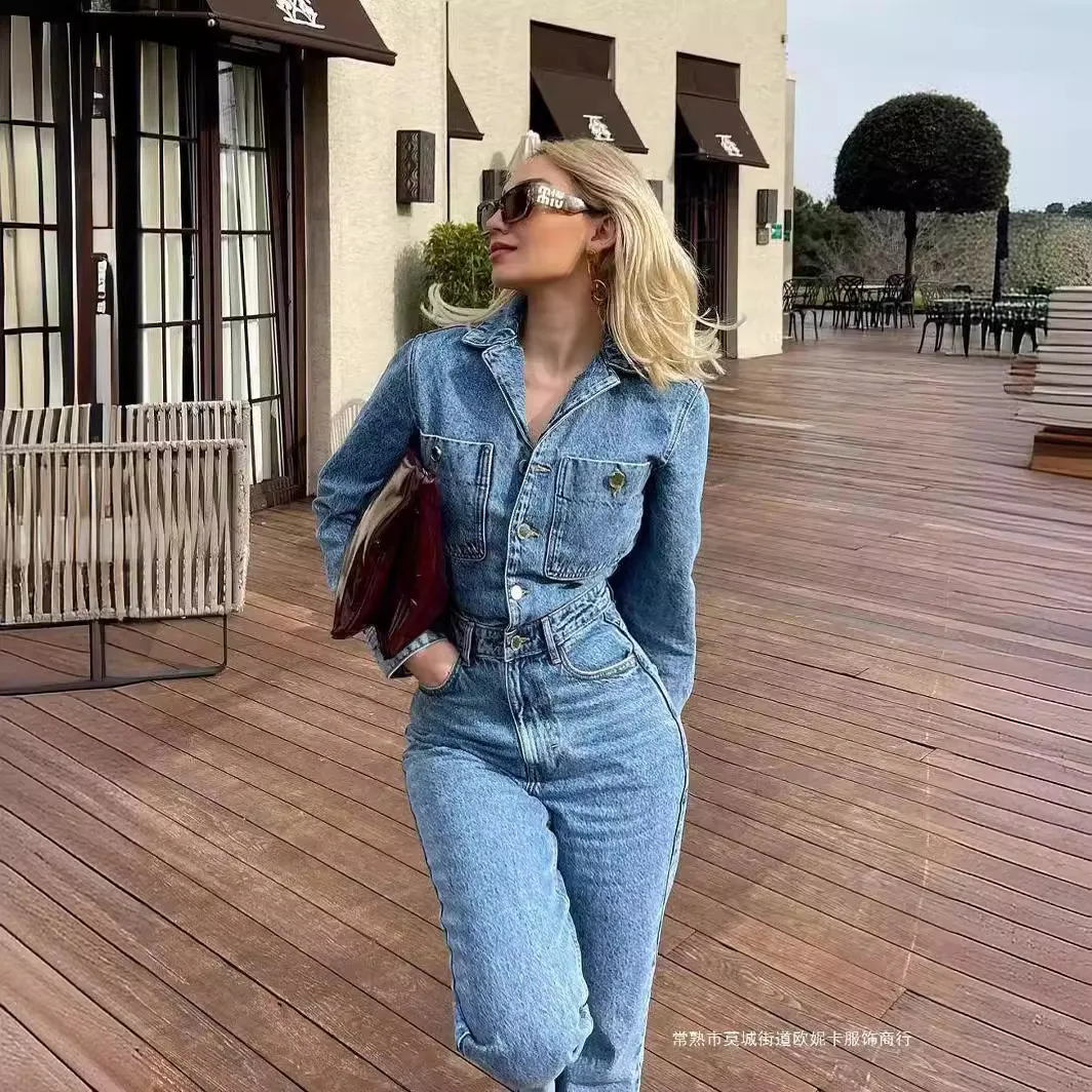 Jumpsuit Denim satu potong untuk wanita, jumpsuit wanita Lengan penuh kerah lipat Slim Fit pinggang ketat kaki lebar celana panjang overall kasual