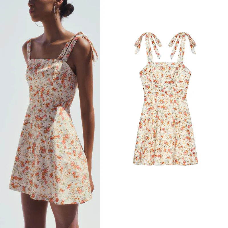 Vestido de Verano Estilo Campestre para Mujer con Estampado de Lazo de Mariposa, Cuello Recto, Tirantes, Largo Corto, Casual,...