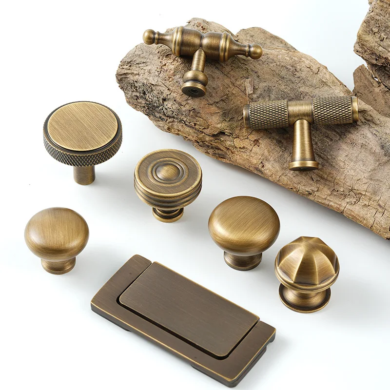 Solid Brass Cabinet Door Pull Antique Bronze Single Hole Knob Retro Copper Drawer Pulls Wardrobe Door Handles Furniture Hardware