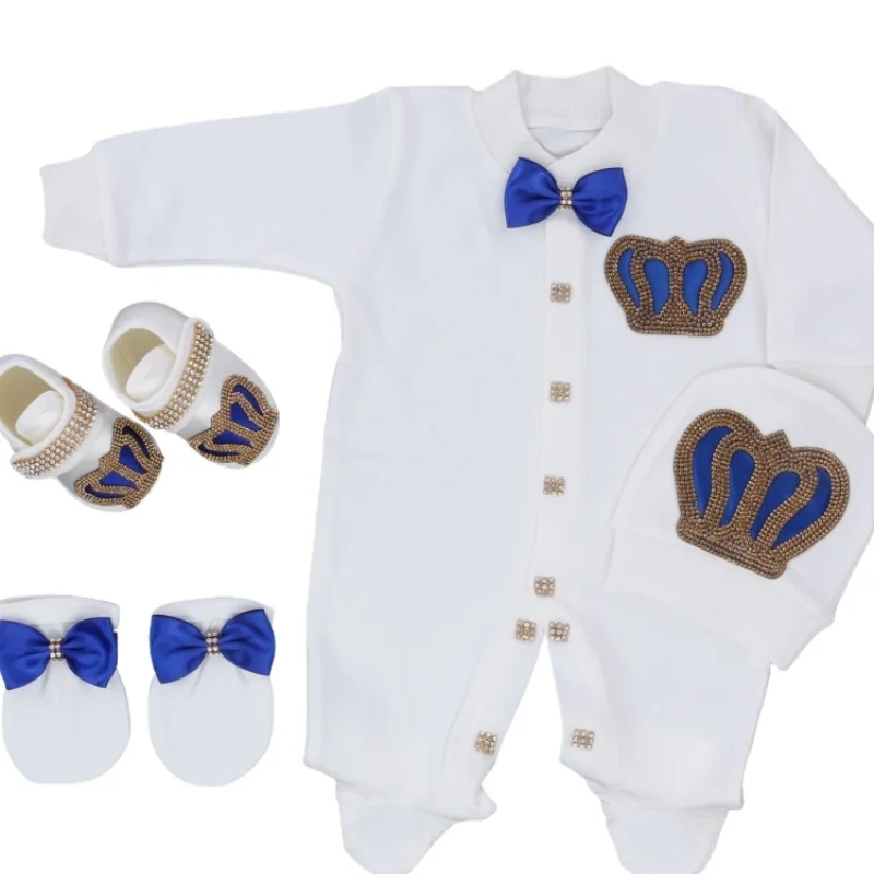 Footed Romper Newborn 0-9 Months 4 Piece Set White Blue Gold Crown Bow Prince Royal Boutique Baby Shower Gift Hat Mittens Shoes