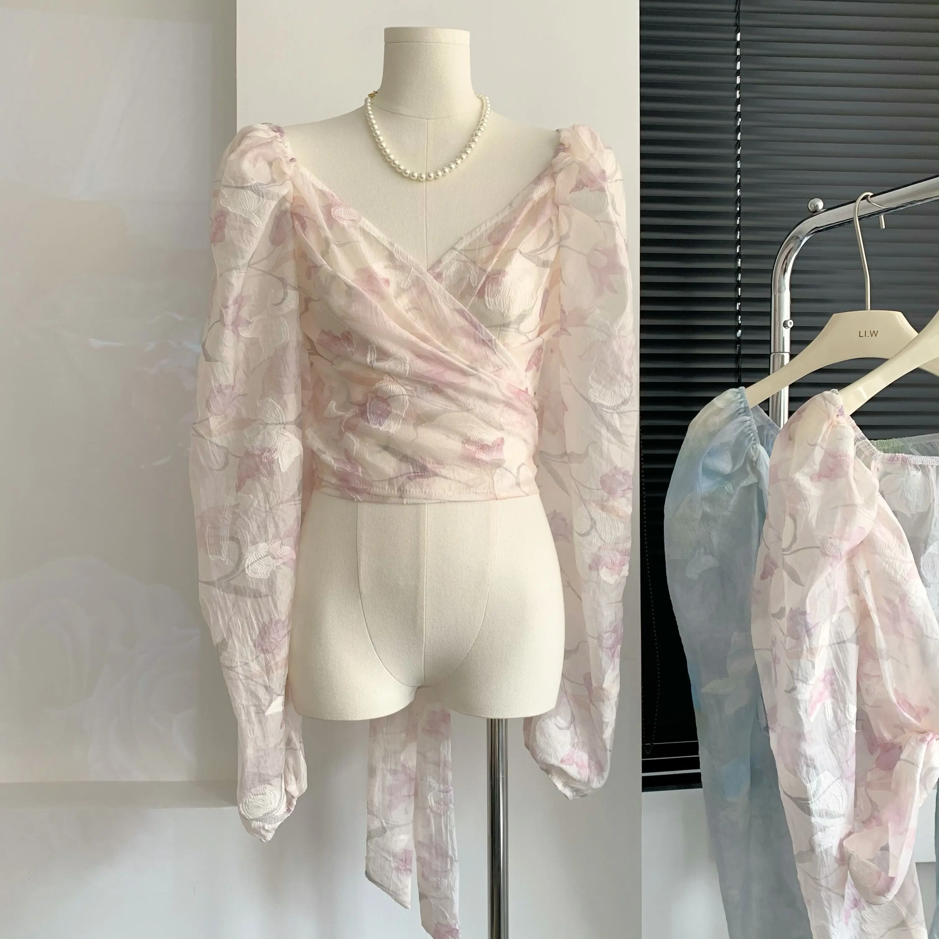 Vintage Tie Dye Long Sleeve Sweet Fairy Tops Waist Blouse French Puff Sleeve Korean Fashion Party Shirts Blous