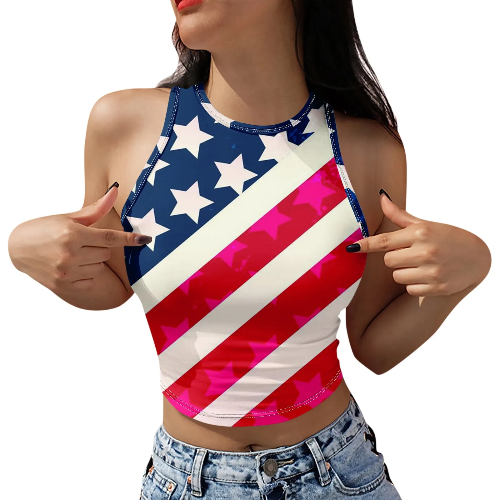 Mulheres com gola redonda sem mangas Crop Tops, camisas Slim Fit, camisas casuais, estampadas, moda verão, férias