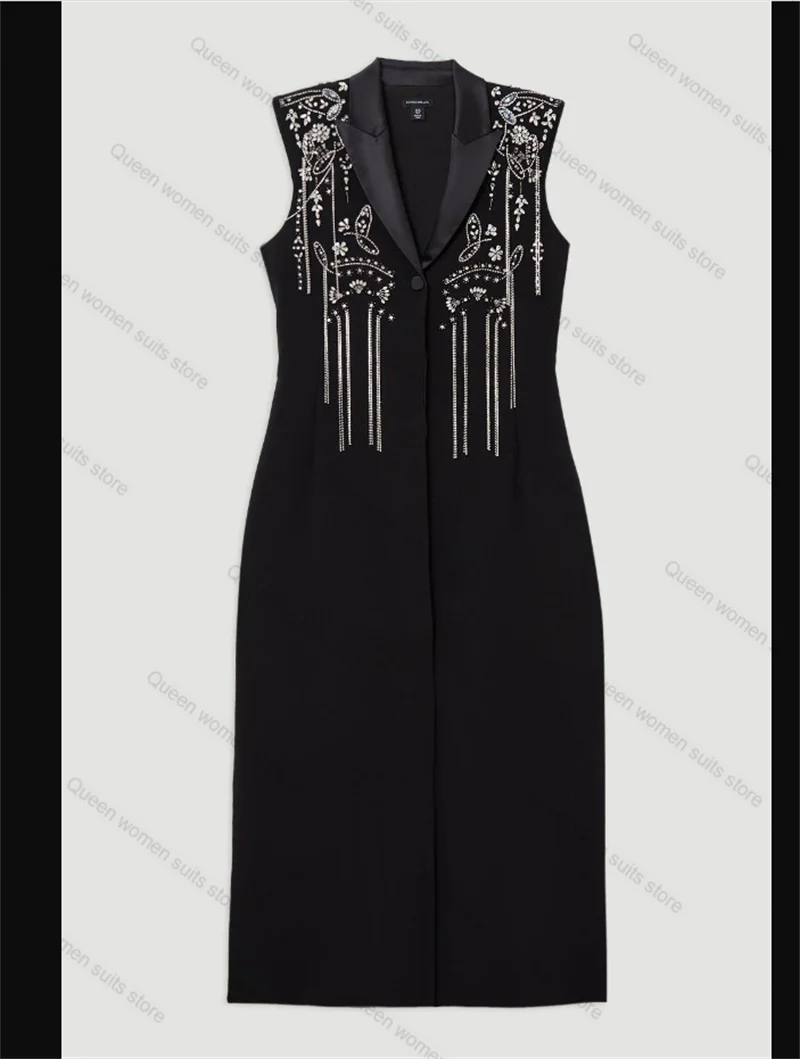 Traje largo negro para mujer, falda, Blazer de 1 pieza, vestido de graduación con cristales, chaqueta Formal de oficina para mujer, abrigo de boda con una botonadura personalizado