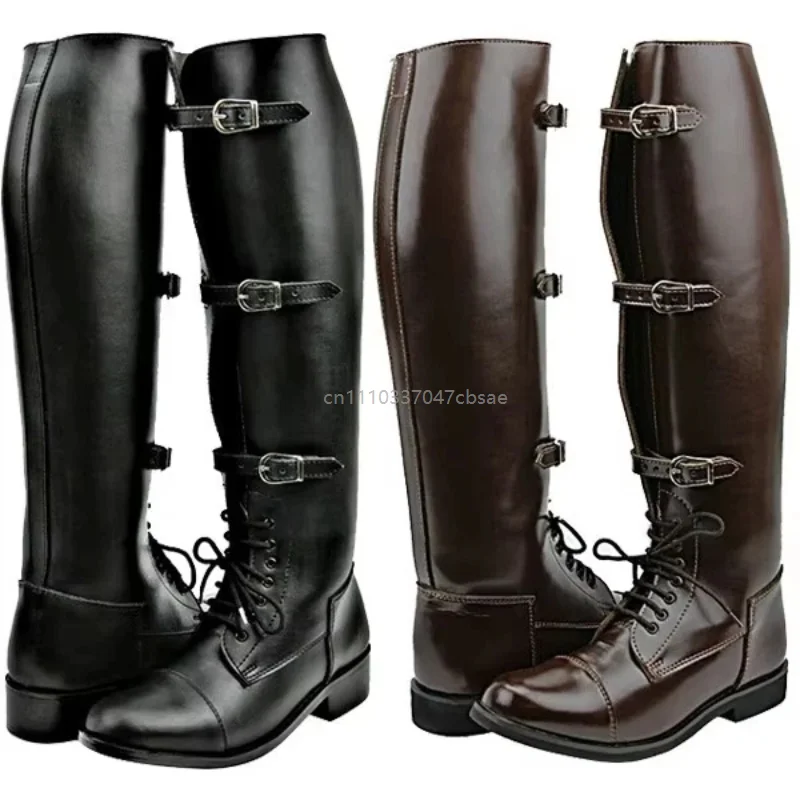 

Men Fashion Round Toe Belt Buckles Lace Up Flat Knee High Boots Male Cross Tied Motorcycle Shoes Vintage Riding Solid Color Boot