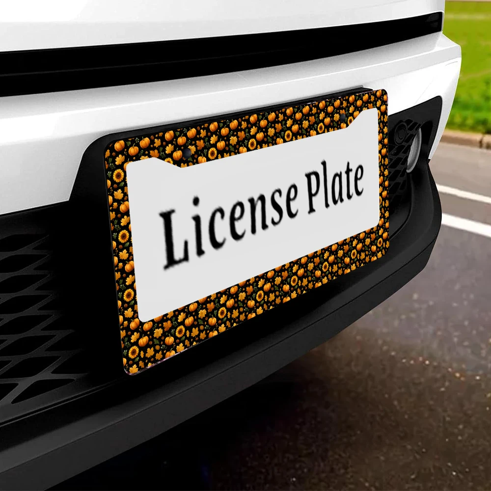 1 قطعة إطار لوحة ترخيص بفتحتين على شكل قرع برتقالي وعباد الشمس، مادة ألومنيوم، 6 × 12 بوصة، مع طقم براغي، ريترو نوف #5