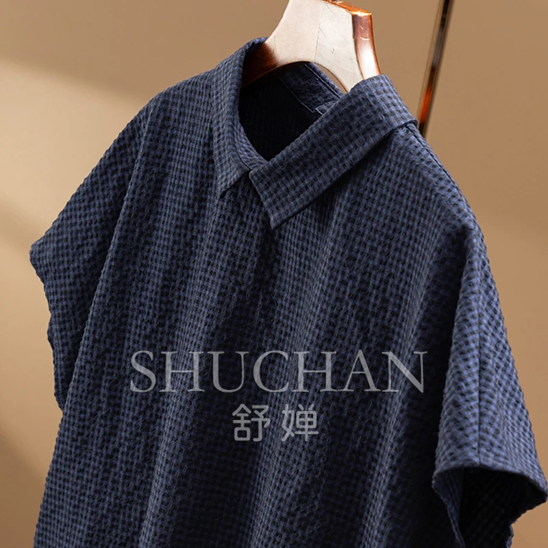 New sense of literary and artistic high-end, French texture yarn-dyed plaid with cut bat sleeve shirt women 1Y73
