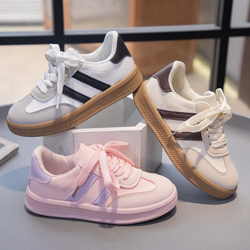 2026Primavera/otoño moda cabeza redonda PU deportes lindos zapatillas de deporte para niños zapatos para correr encaje Casual estudiantes zapatos planos para caminar