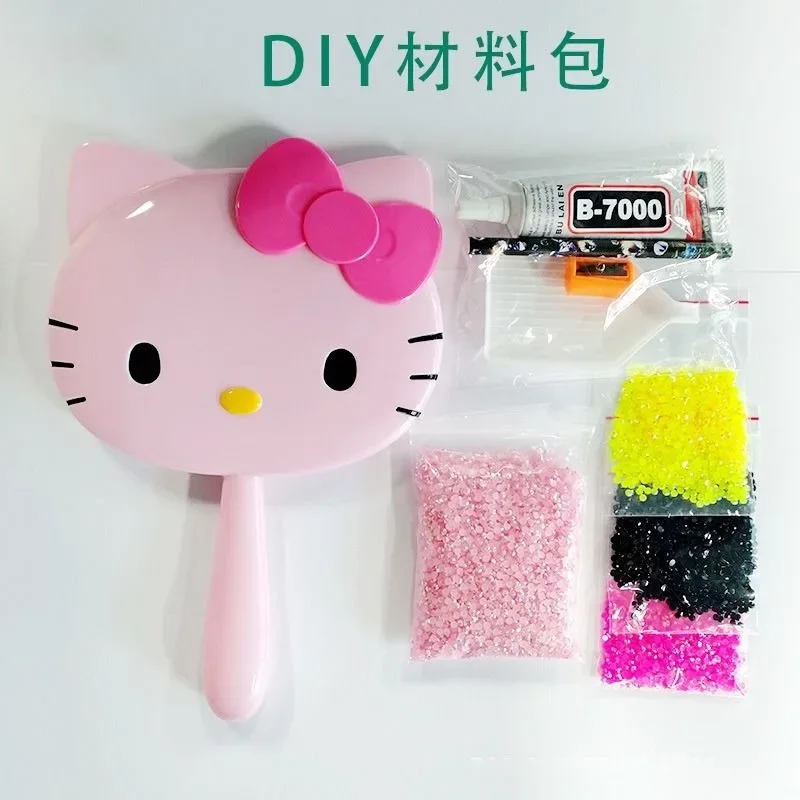 Hello kity-Espejo con mango kawaii Y2K, pegatinas de diamante DIY para besties y novias, regalos de cumpleaños, espejo de maquillaje, venta al por