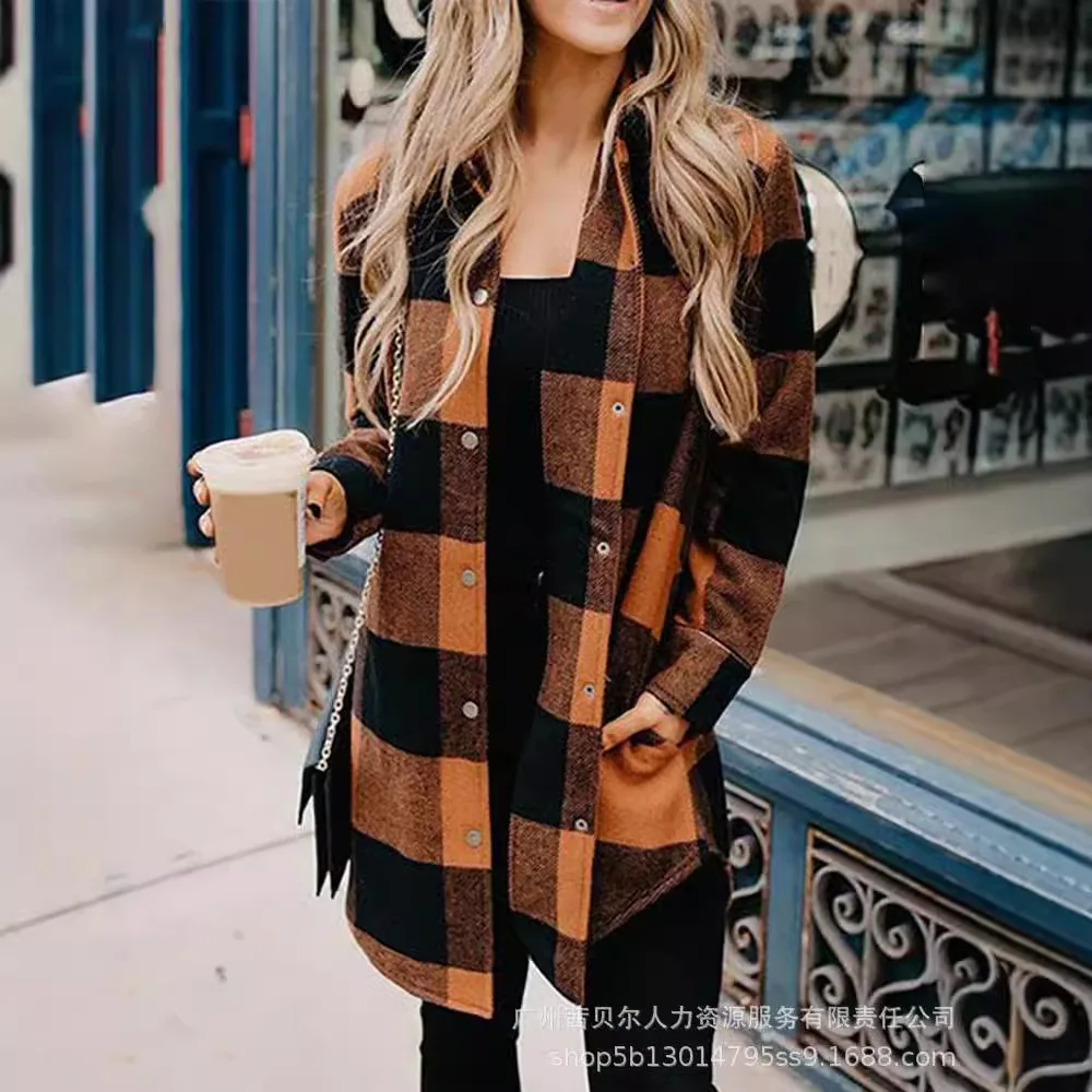 Autumn New Sweater Medium and Long Plaid Printing Long-sleeved Jacket Women's Cover