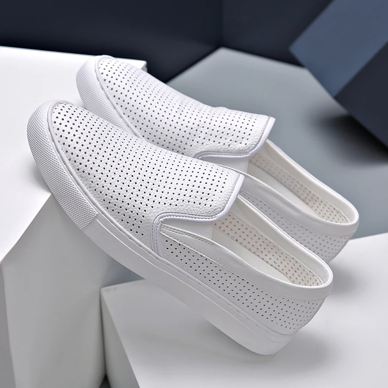 

Men No Lace Slip On Mesh Loafers White Perforated Breath Upper Thin Rubber Flat Sole Summer Lightweight Daily Walking Sneakers