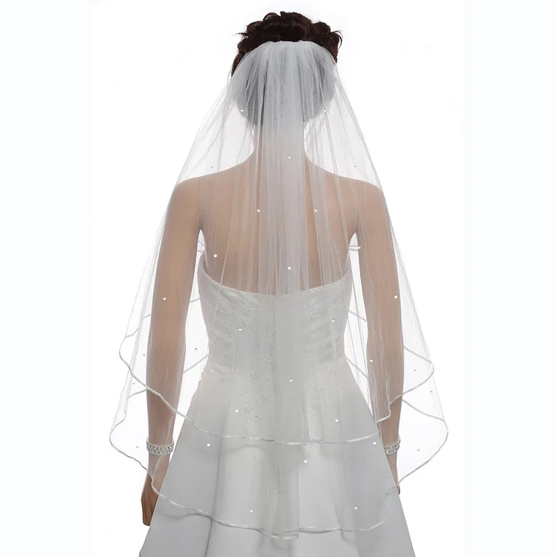 

Women's 2 Tier Ribbon Beaded Wedding Bridal Comb Veil Fingertip Length