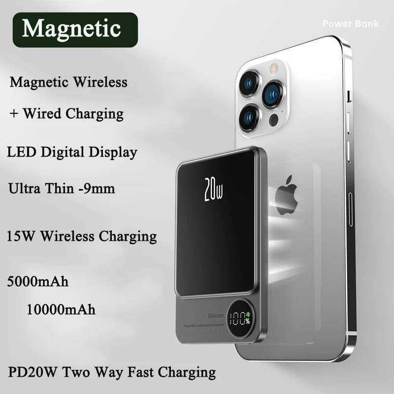 10000mAh Ultra Thin Magnetic Power Bank Wireless Fast Charger Mini Powerbank for iPhone 15 14 13 12 Pro Max Xiaomi 9 Samsung S23