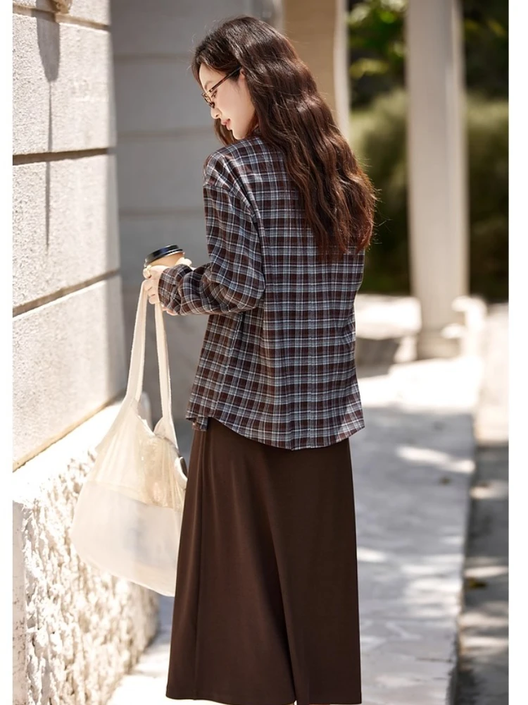 VIMLY femmes deux pièces robe décontracté jarretelle marron robe longue Plaid manches longues col Polo chemises robe ensembles 2025 automne A2890