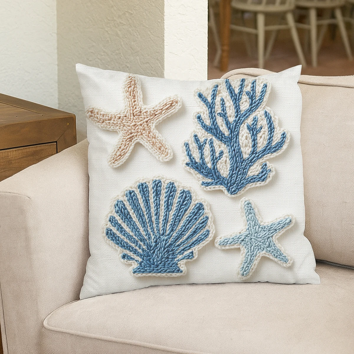Polyester Pillow Cover Ocean Themed Shell & Starfish Print Cushion Case Nautical Style cushion cover Decorative pillowcase Home