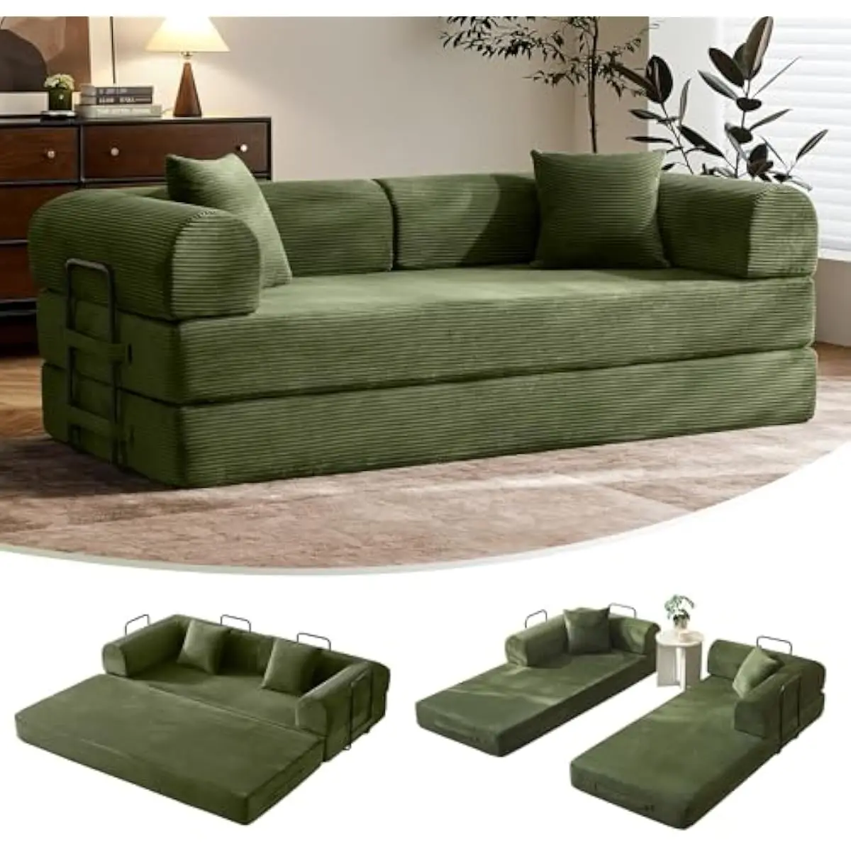 79 Inch Modular Convertible Sofa Bed Olive Green | 5 in 1 Floor Lounge Recliner Sleeper with Steel Frame Pocket Springs Ergonomi