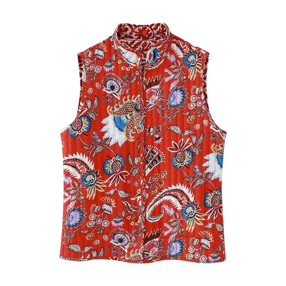 PB&ZA 2023 Autumn/Winter New Vintage Style Double Sided Printed Sleeveless Quilted Cotton Vest Coat