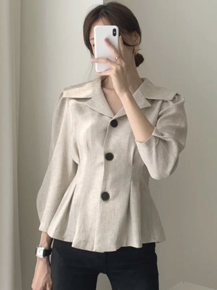 

Ele Chic Cheered Tee-Button Long Sve Women's irt Stand Collar Pleated Waist Nine Points Flounce Hem Top