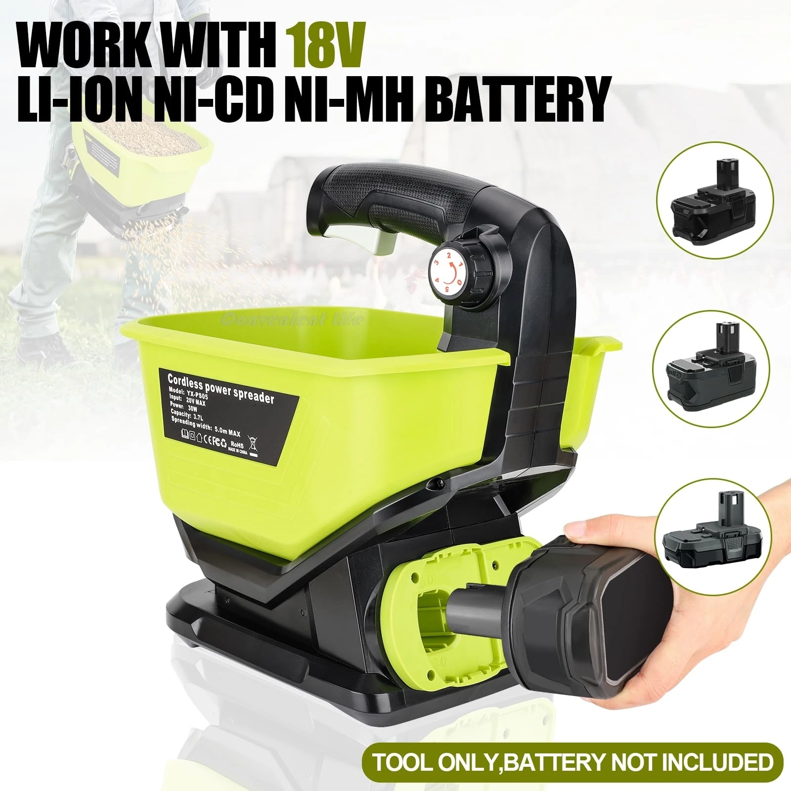

Распределитель соли для Ryobi / Makita / Dewalt / Milwaukee / Bosch / Craftsman 20V MAX Распределитель семян батареи Распределитель удобрений Распределитель мощности Доступен круглый год, семена травы, каменная соль, 3,7 л Хоппер большой емкости 5 регулир