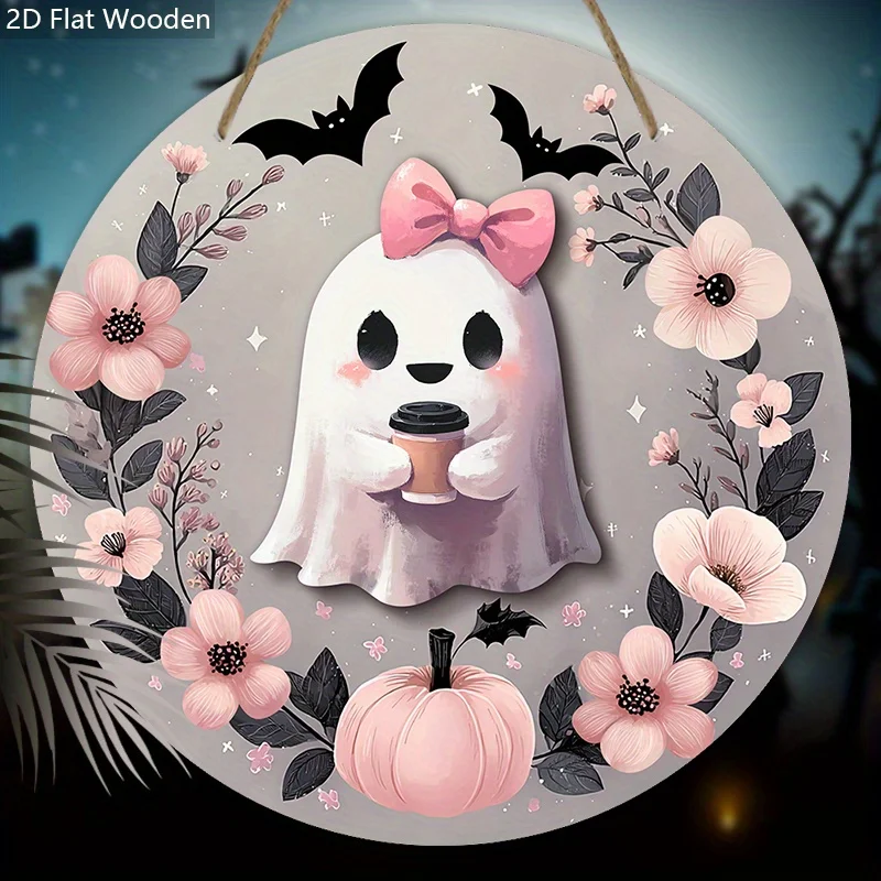 2D Flat - A 2D Flat Pink Wooden Halloween Sign Measuring 7.87 Inches, Featuring a Cute Ghost Design. It'S a Distinctive Wall Dec