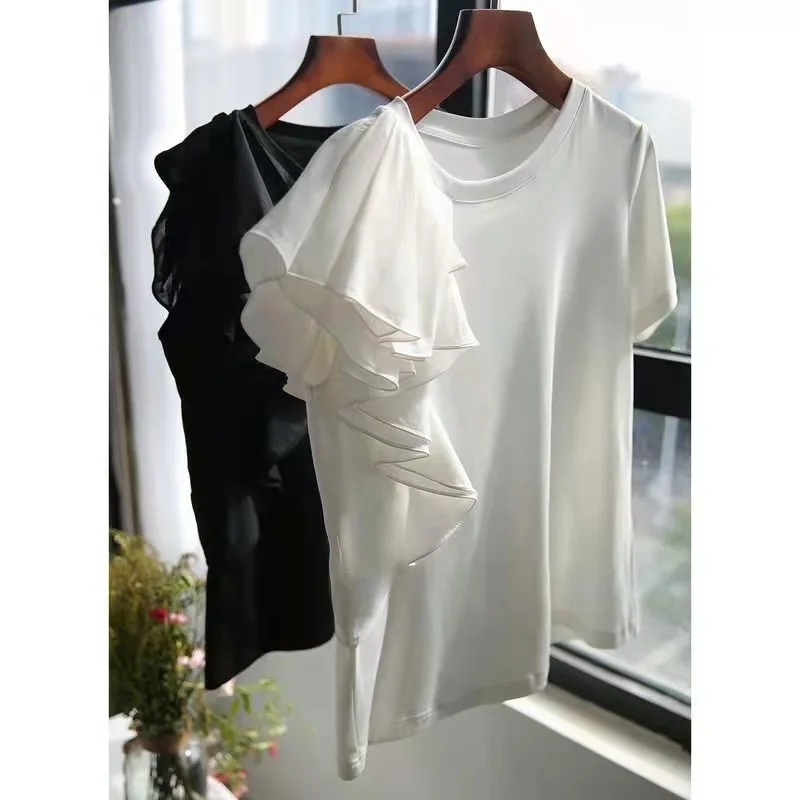 

Ele Ruffled Sweet Design Women's T-irt Cotton ort Sve round Ne Commute Sle Spring Faion Ladies Top