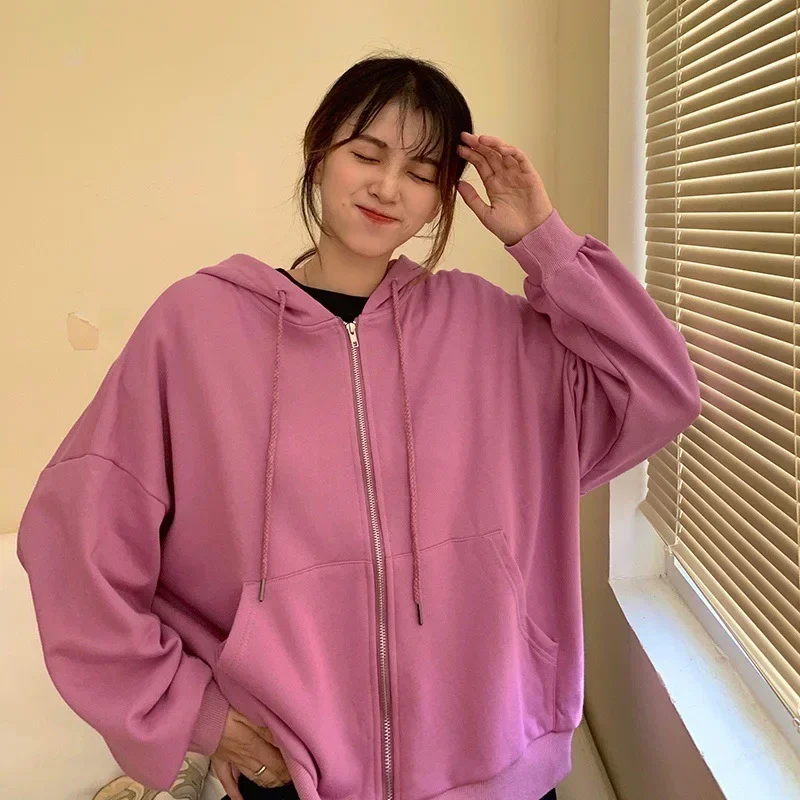 Y2k Autumn Hooded Sweatshirts With Pocket For Women Plus Size Long Sleeve Vintage Casual Cardigan Streetwear Solid Zip Up Hoodie