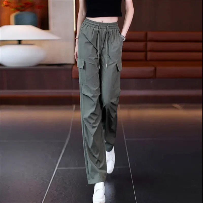 Cargo Pants Women's Summer Trouser Thin High-waisted Straight Leg Wide Leg Pocket Outdoor Quick Drying Pants Lace Up Work Pant