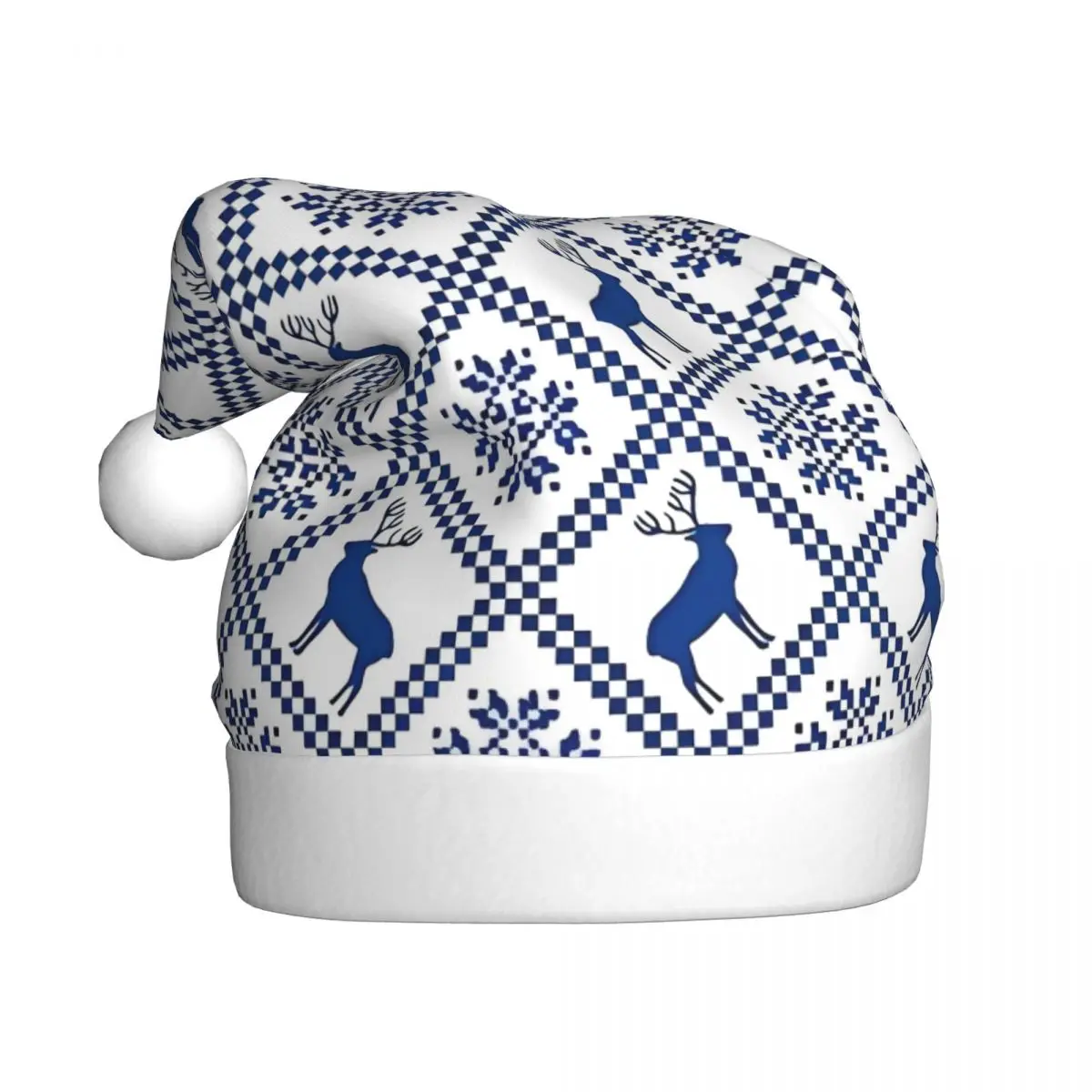 Blue Scandinavian Pattern Christmas Hat for Adult Men Women Winter Christmas with Reindeer Santa Hat Cap Cosplay Gifts