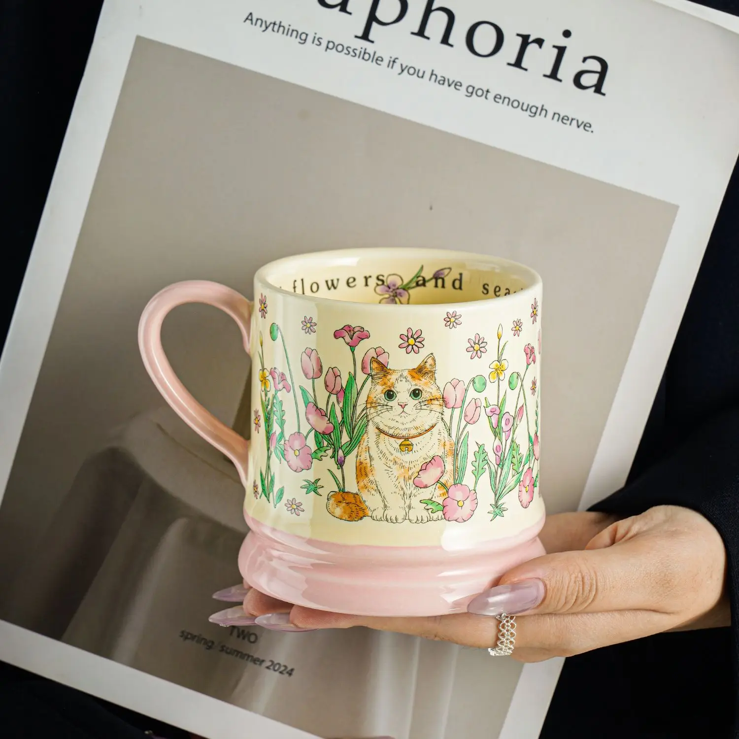 

Cute Cat Ceramic Mug Amidst Flowers, Design Inspired Office Coffee Mugs, High-value Couple Tea Cup, Holiday Gift Kawaii Cup