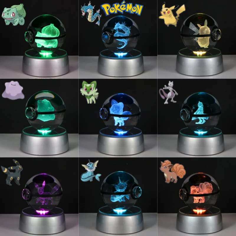 Pokemon 3D Crystal Ball Figure Toys Pokeball Mimikyu Bulbasaur Umbreon Pikachu Gengar Sprigatito Model With Led Light Base Dolls