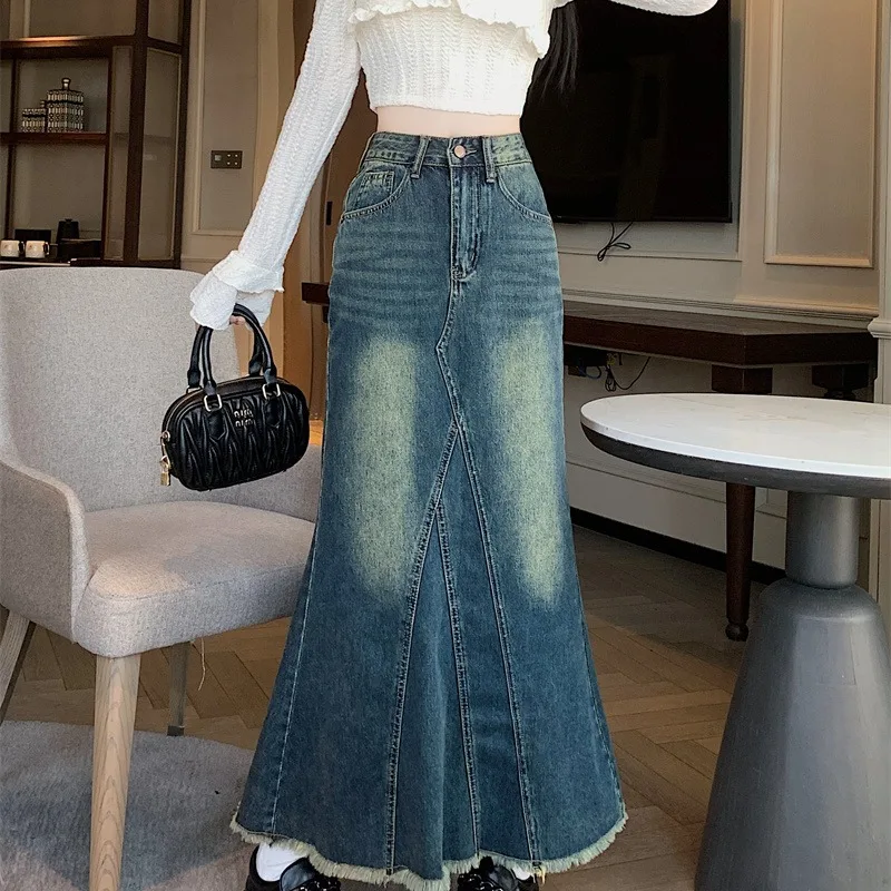 

Autumn Women Denim Fishtail Skirt High Waist Splicing Washed American Fashion Female Vintage Frayed Edge Slit Slim Skirts