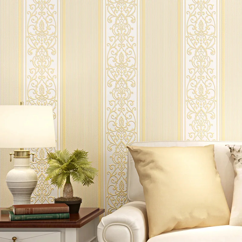 

European style non woven wallpaper bedroom living room wallpaper 3D vertical stripe home warm TV background wall simple