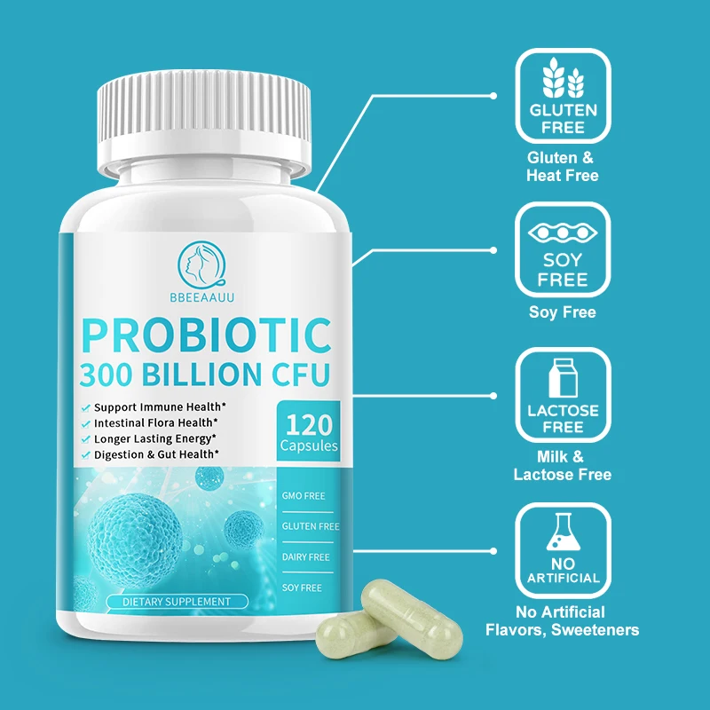 BBEEAAUU Probiotic Blend Capsules 300 Billion CFU Optimal Gut Health Supports Overall Digestive Health Protecting the Intestines