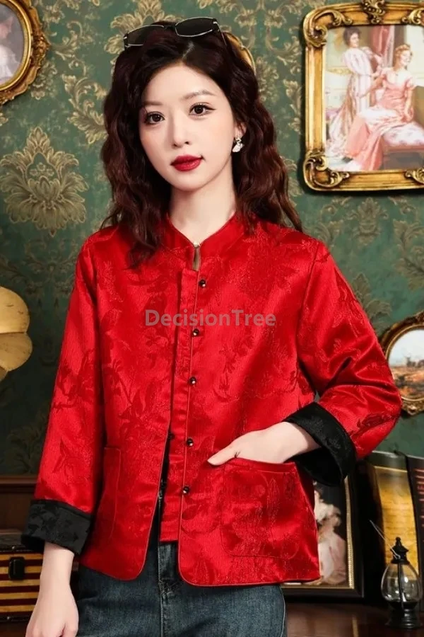 Spring Classical reversible jacquard chinese style tang suit top red black stand collar disc buckle coat daily leisure coat
